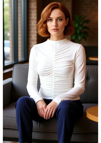 Kadın Vücuda Oturan Dik Yaka Uzun Kollu Büzgülü Örme Kaliteli Şık Rahat Modern Zarif Günlük fiyatları