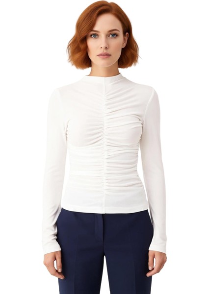 Kadın Vücuda Oturan Dik Yaka Uzun Kollu Büzgülü Örme Kaliteli Şık Rahat Modern Zarif Günlük modelleri