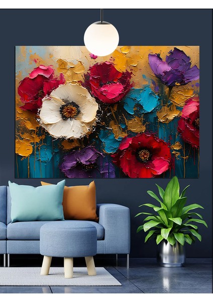 Canlı Renkli Çiçekler Karışık Buket Dekoratif Kanvas - Mdf Ahşap Tablo