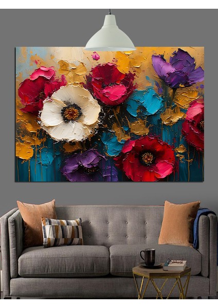 Canlı Renkli Çiçekler Karışık Buket Dekoratif Kanvas - Mdf Ahşap Tablo fırsatları
