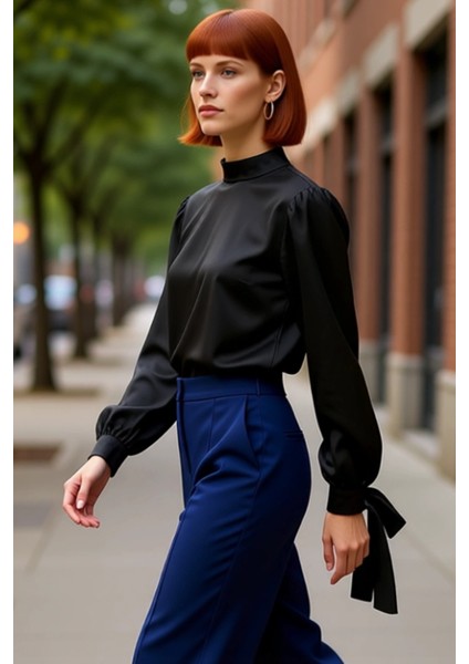 Zarif Bağlama Detaylı Dik Yaka Saten Bluz Kadın Giyim Kaliteli Şık Rahat Modern Zarif Günlük