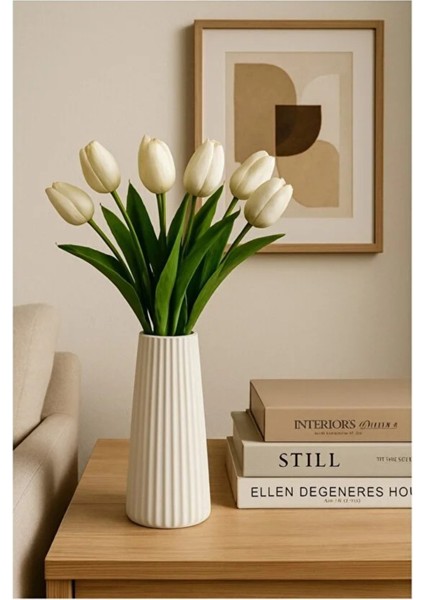Modern Dekorasyon Için Şık Beyaz Çizgili Beton Çiçek Vazo