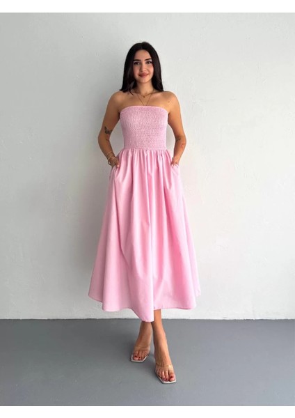 Straplez Pileli Elbise - Pembe fiyatları