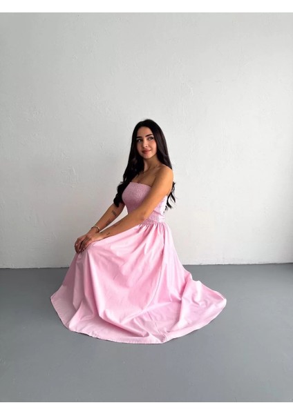 Straplez Pileli Elbise - Pembe modelleri
