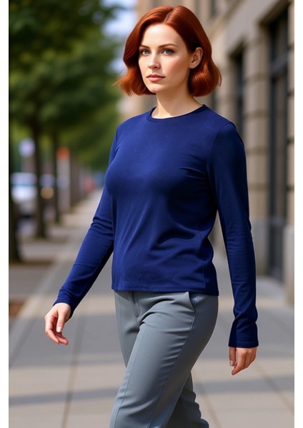 Viskon Bisiklet Yaka Esnek Örme Uzun Kollu Kadın Bluz Kaliteli Şık Rahat Modern Zarif Günlük