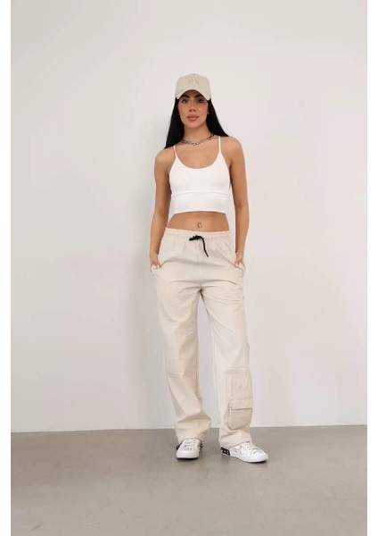 Paraşüt Kumaş Kargo Ceplı Baggy Eşofman- Bej