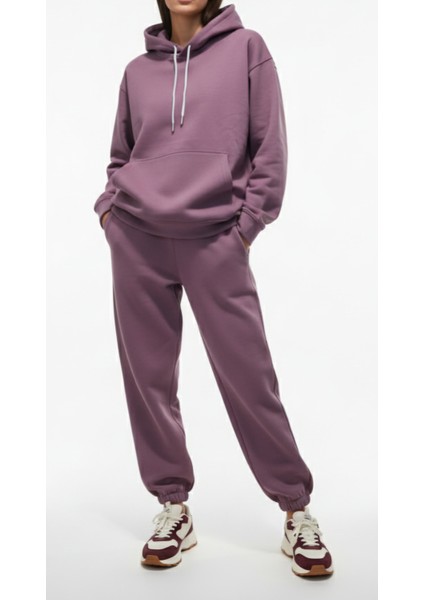 Kadın Üç Iplik Şardonlu Fermuarlı Cepli Lastikli Paça Kapüşonlu Kanguru Cep Eşofman Takımı