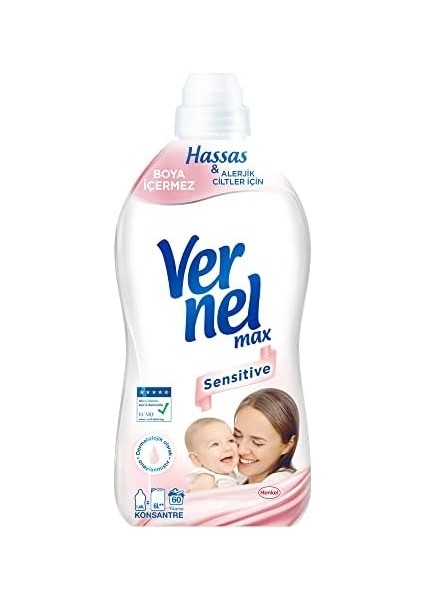 Vernel Max Taze Sensitive Alerjik Ciltler Için Boya Içermeyen 60 Yıkama Konsantre Çamaşır Yumuşatıcısı (1 x 1440 Ml)
