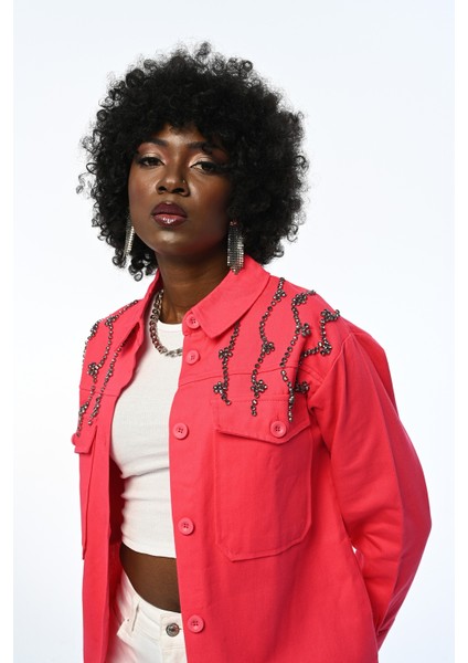 Kadın Robası Taş Işlemeli Düz Renk Gömlek-Ceket