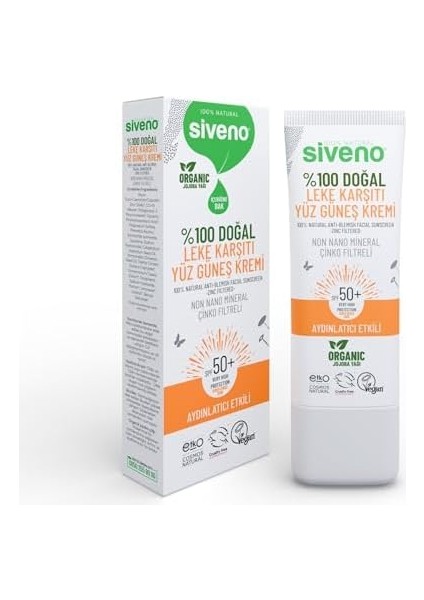 SIVENO%100 Doğal Yüz Güneş Kremi Leke Karşıtı Aydınlatıcı Mineral Filtre Uva Uvb Spf 50+ 30 ml
