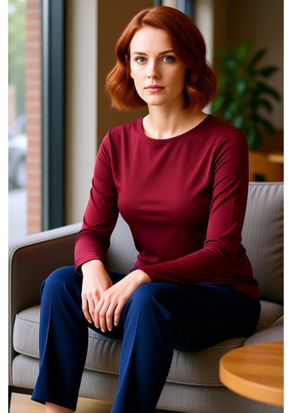 Kadın Pamuklu Esnek Kayık Yaka Uzun Kollu Üst Kaliteli Şık Rahat Modern Zarif Günlük