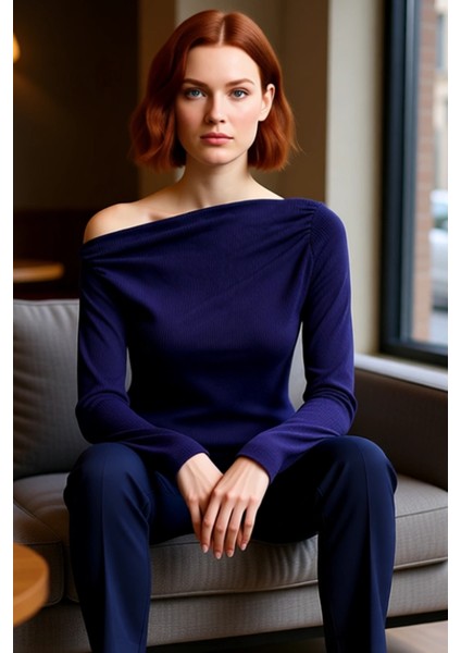 Kadın Moda Şık Üst Giyim Uzun Kayık Yaka Slim Kalıp Örme Drapeli Asimetrik Esnek Bluz