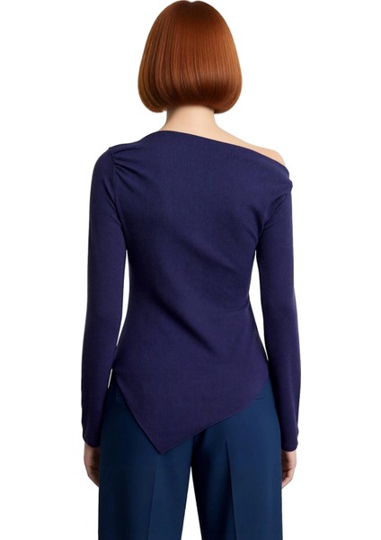 Kadın Moda Şık Üst Giyim Uzun Kayık Yaka Slim Kalıp Örme Drapeli Asimetrik Esnek Bluz modelleri