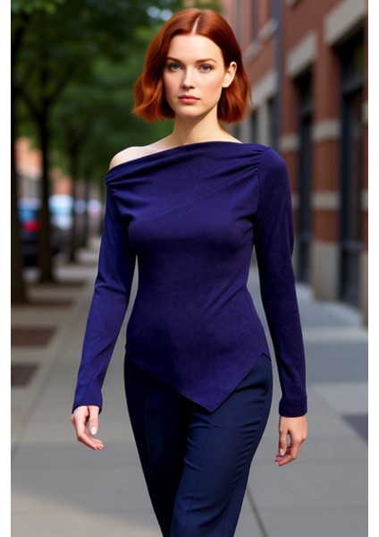 Kadın Moda Şık Üst Giyim Uzun Kayık Yaka Slim Kalıp Örme Drapeli Asimetrik Esnek Bluz fırsatları