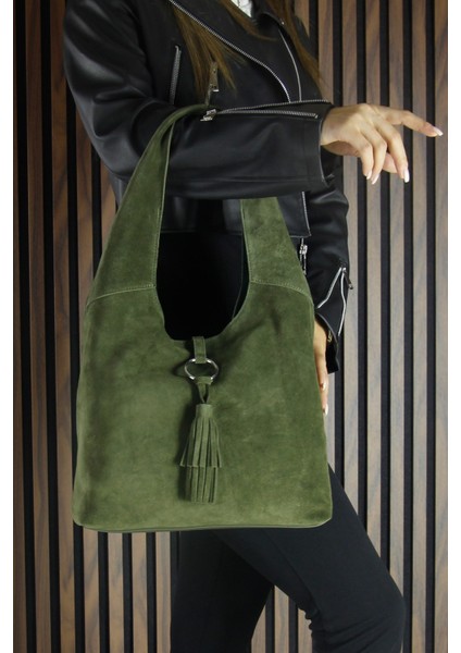 Haki Hakiki Dana Süet Püsküllü Manyetik Kapaklı Orta Boy Günlük Omuz Çantası