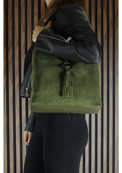 Haki Hakiki Dana Süet Püsküllü Manyetik Kapaklı Orta Boy Günlük Omuz Çantası modelleri