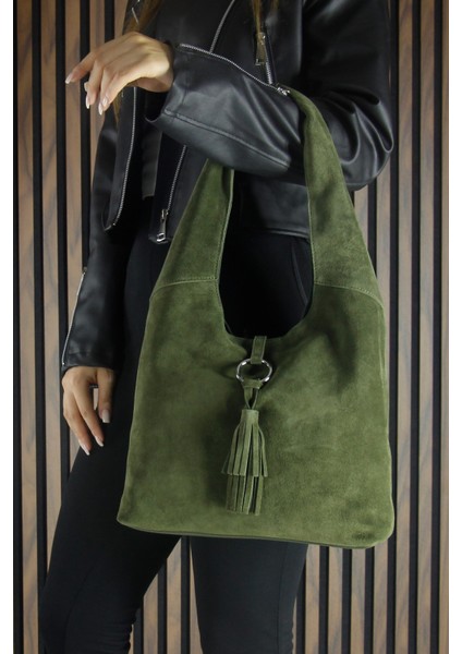 Haki Hakiki Dana Süet Püsküllü Manyetik Kapaklı Orta Boy Günlük Omuz Çantası fırsatları