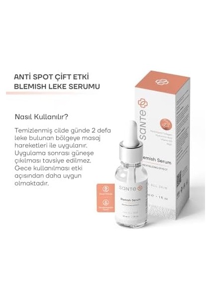 Santeplus Anti Spot Çift Etki Leke Serumu (Kahverengi Lekeler, Hamilelik Lekeleri), 30ML