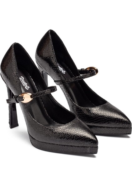 Kadın Yüksek Topuklu Yılan Desenli Tokalı Platform 6000