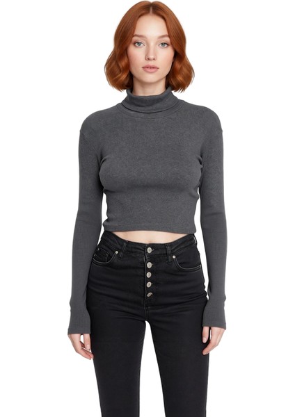 Kadın Şık Crop Balıkçı Yaka Slim Kalıp Örme Fitted Vücuda Oturan Parmak Detaylı Fitilli Esnek Bluz fiyatları