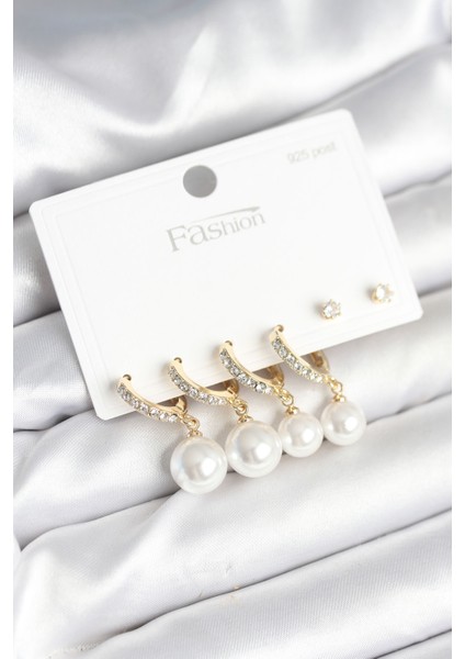 Gold Renk Zirkon Taşlı Pirinç İncili 925 Ayar Gümüş Çivili Küpe Seti