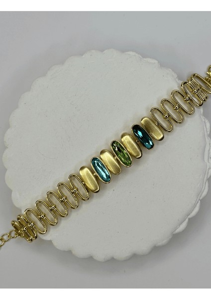 Mavi ve Yeşil Tonlarında Altın Detaylı Oval Şekilli Gold Ithal Bileklik