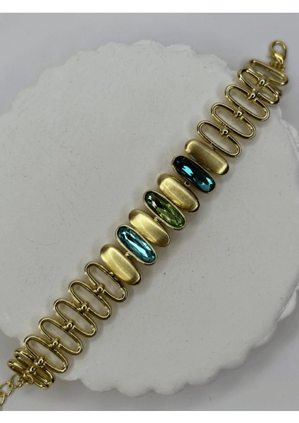 Mavi ve Yeşil Tonlarında Altın Detaylı Oval Şekilli Gold Ithal Bileklik fiyatları