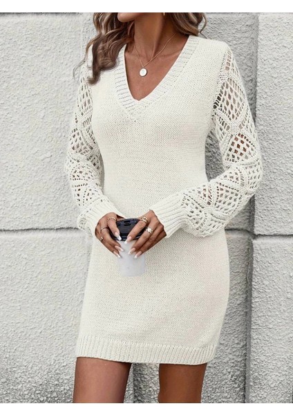 Mdb Kadın Uzun Kollu V Yakalı Mini Triko Elbise