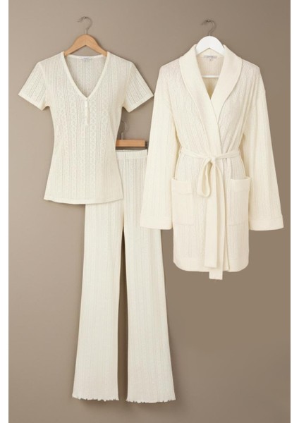 Pointelle V Yaka Pijama Takımı - Pointelle Sabahlık Set / Krem
