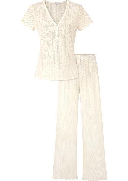 Pointelle V Yaka Pijama Takımı - Pointelle Sabahlık Set / Krem modelleri