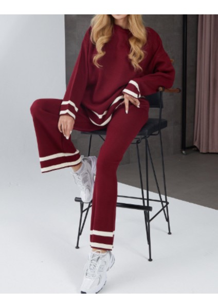 Bordo Şerit Detaylı Bisiklet Yaka Pantolon Ikili Triko Takım
