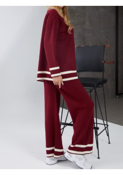 Bordo Şerit Detaylı Bisiklet Yaka Pantolon Ikili Triko Takım modelleri
