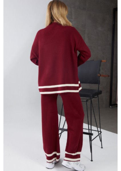 Bordo Şerit Detaylı Bisiklet Yaka Pantolon Ikili Triko Takım fırsatları