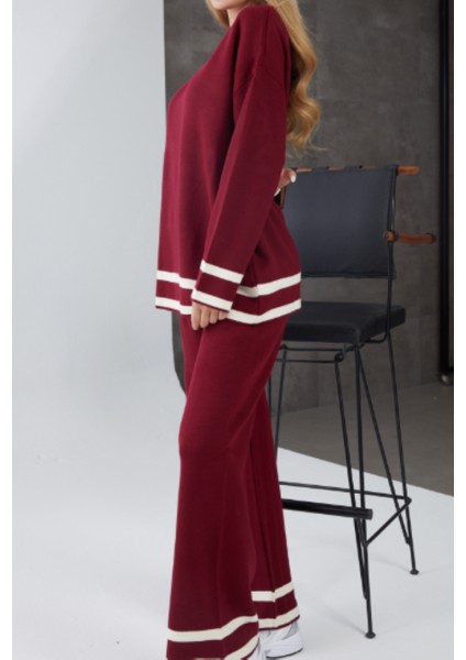 Bordo Şerit Detaylı Bisiklet Yaka Pantolon Ikili Triko Takım indirimleri