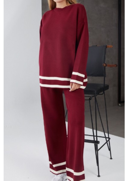 Bordo Şerit Detaylı Bisiklet Yaka Pantolon Ikili Triko Takım