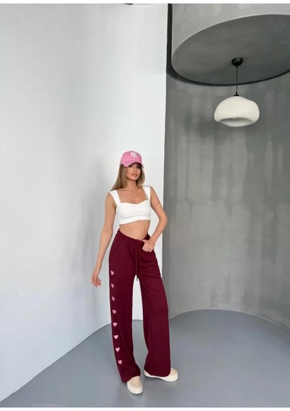 Osy Modal Yumuşak Dokulu Kumaş Nakış Işlemeli Rahat Bol Paça Eşofman Pantalon - Bordo