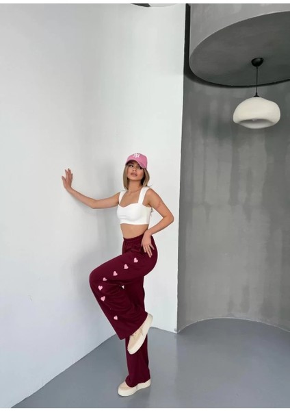 Osy Modal Yumuşak Dokulu Kumaş Nakış Işlemeli Rahat Bol Paça Eşofman Pantalon - Bordo modelleri