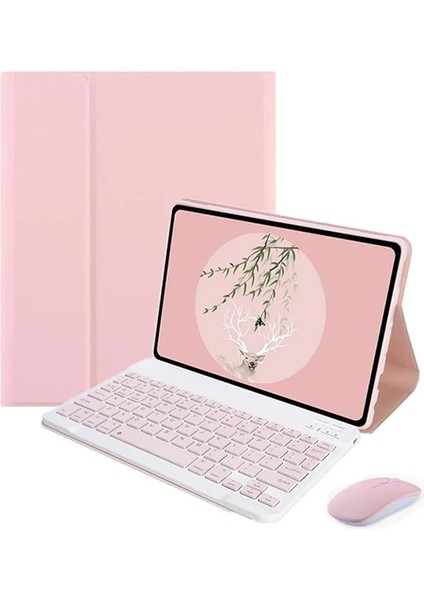 Samsung Galaxy Tab S9 Fe SM-X510 ile Uyumlu Bluetooth Klavye ve Mouse + Standlı Kılıf - Bkk6 Pembe