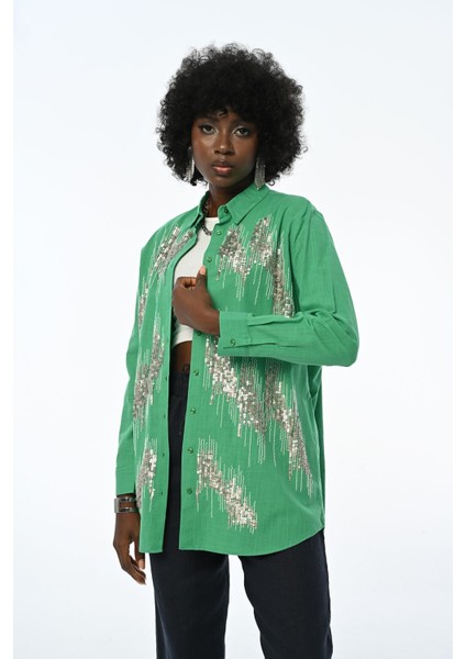 Kadın Payetli Oversıze Kesim Gömlek