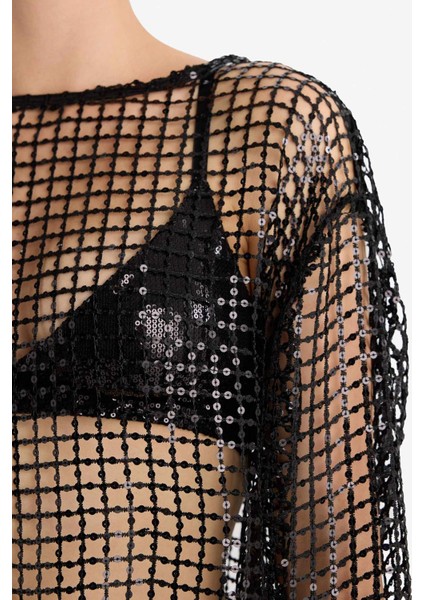 Overshirt Fit Bisiklet Yaka Payetli Kumaş Uzun Kollu Bluz G4444AX25AU fırsatları