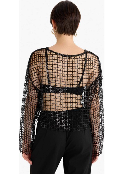 Overshirt Fit Bisiklet Yaka Payetli Kumaş Uzun Kollu Bluz G4444AX25AU indirimleri