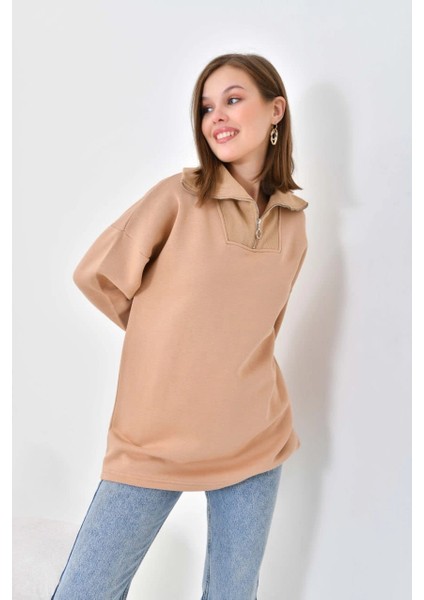 Kadın Sweat Boyunlu ve Yakası Fermuarlı Şardonlu Sweat Kahve - D007
