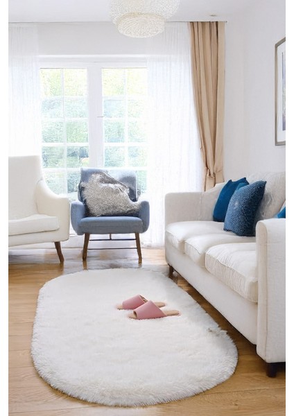 Beyaz Oval Post Halı Peluş Yumuşak Kaymaz Dot Taban Antibakteriyel Makinada Yıkanabilir Yolluk fırsatları