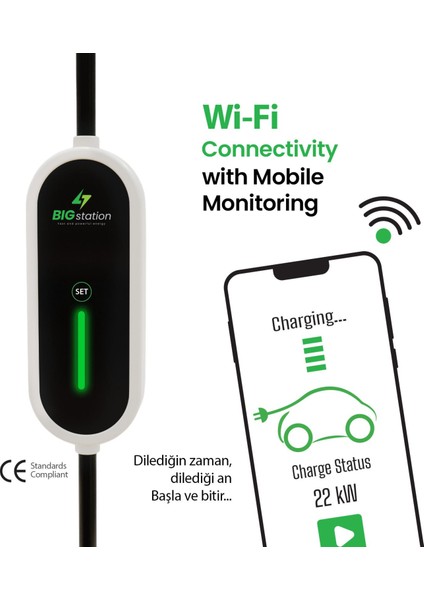 Bıgstation 11KW Taşınabilir Akıllı Ev Ac Şarj Cihazı Wi-Fi Destekli Kablolu