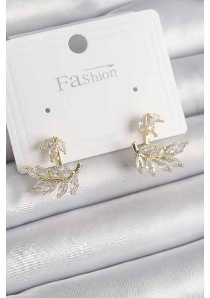 Bfs Pirinç Gold Renk Zirkon Taşlı Yaprak Model Kadın Küpe