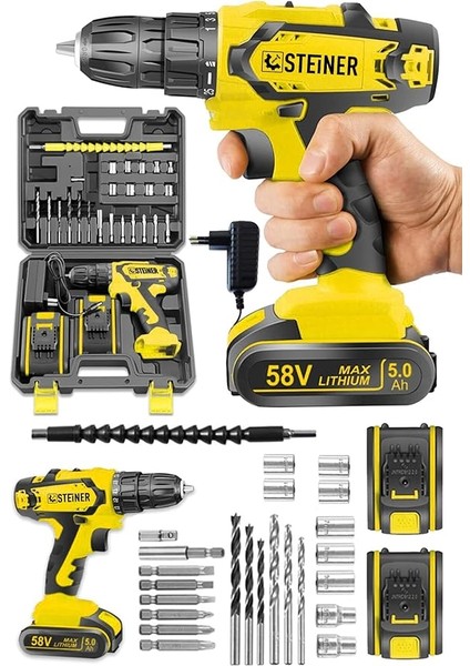 Alman Kupfer Darbeli 58 V 5 Ah Çift Akülü Vidalama Matkap Sarı + 24 Parça Set