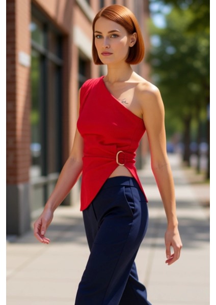 Kadın Tek Kol Detaylı Asimetrik Kesim Örme Bluz Kaliteli Şık Rahat Modern Zarif Günlük