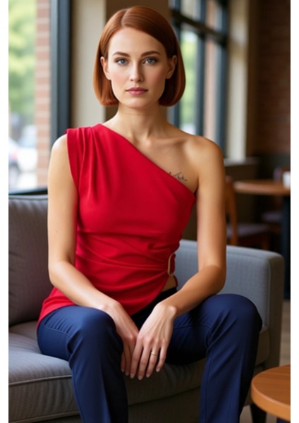 Kadın Tek Kol Detaylı Asimetrik Kesim Örme Bluz Kaliteli Şık Rahat Modern Zarif Günlük fiyatları