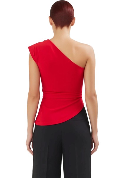 Kadın Tek Kol Detaylı Asimetrik Kesim Örme Bluz Kaliteli Şık Rahat Modern Zarif Günlük fırsatları