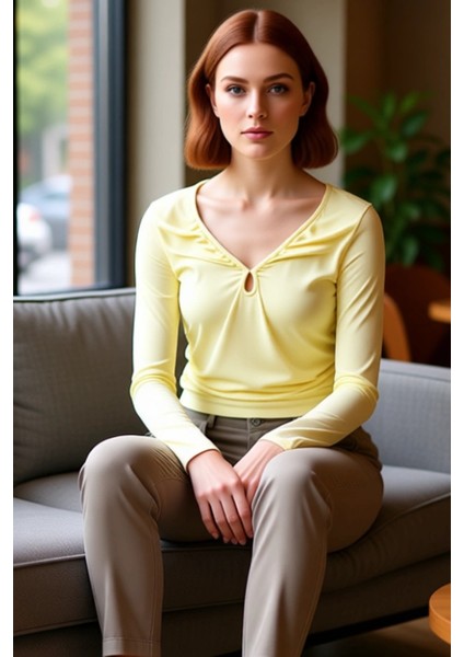 Kadın V Yaka Büzgülü Uzun Kollu Vücuda Oturan Örme Bluz Kaliteli Şık Rahat Modern Zarif Günlük